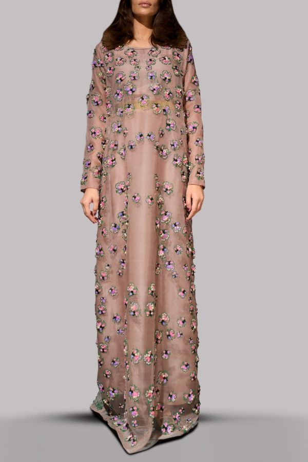 Rugby Tan Embellished Organza Maxi Dress