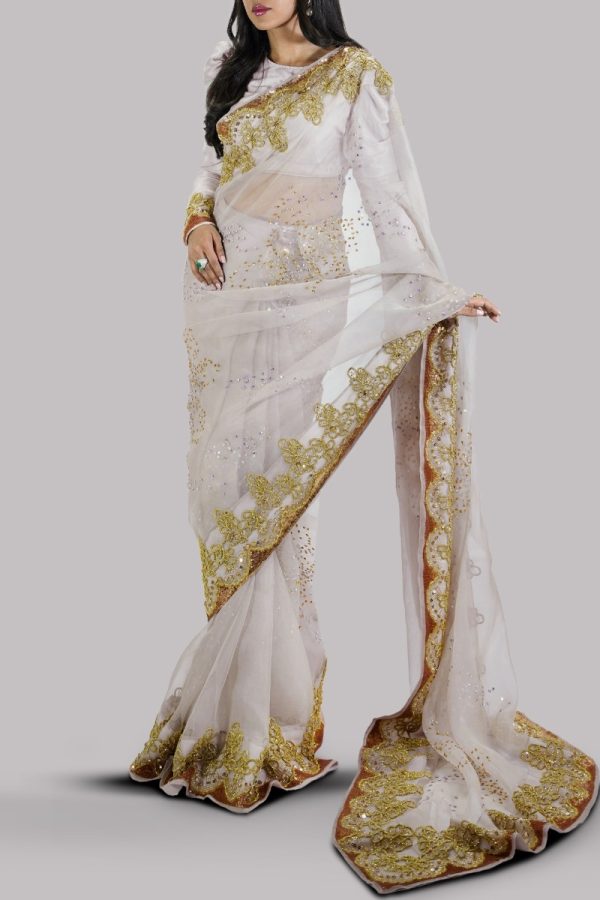 Silver Grey Embellished Organza Sari