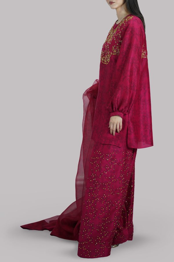 Tango Red Block Printed and Embellished Raw Silk Set - Image 2