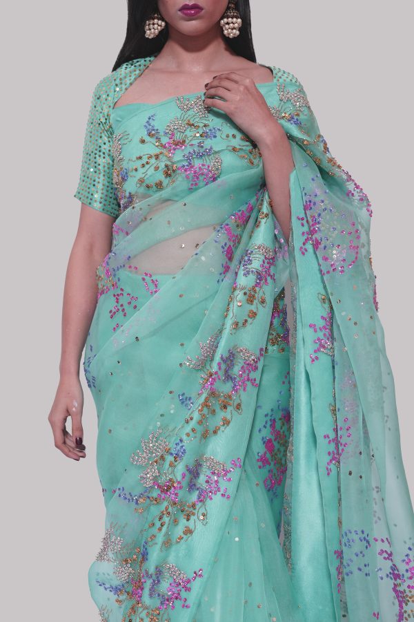 Leisure Time Cyan Embellished Organza Sari - Image 4
